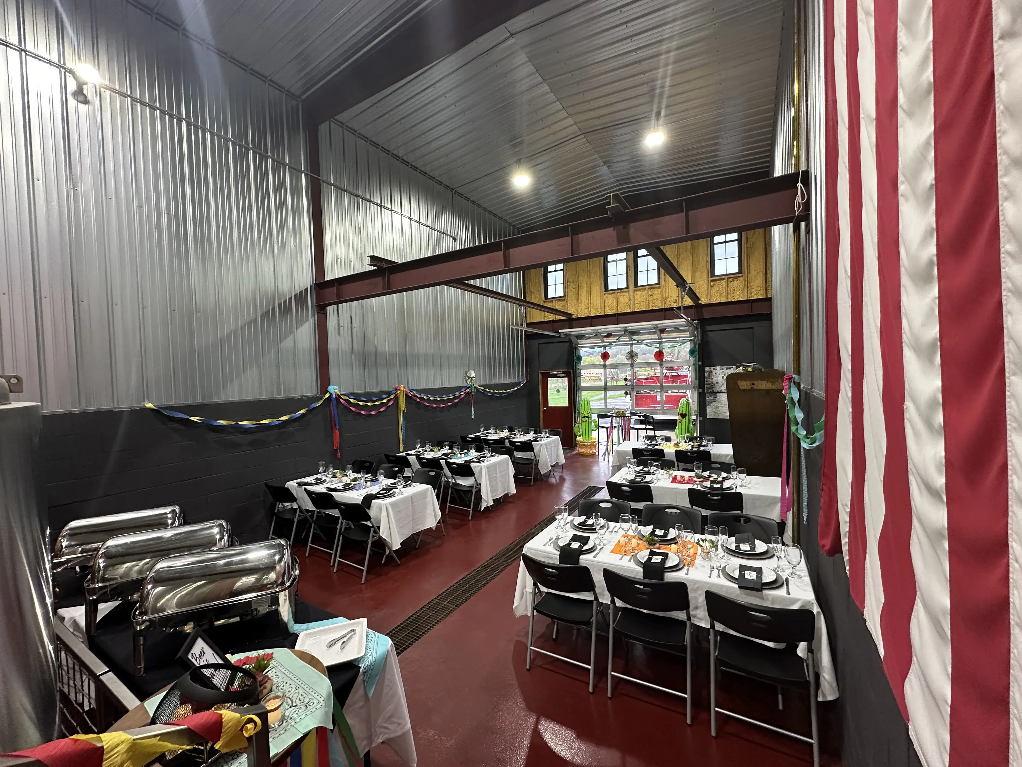 Offsite catering event setup with American flag